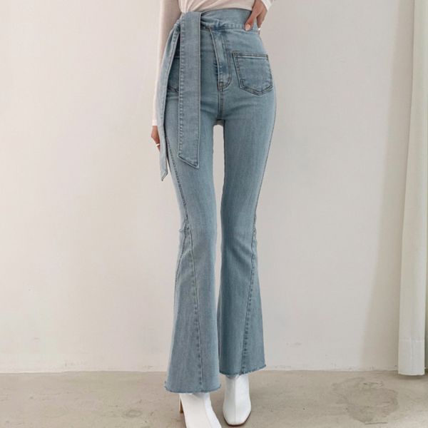 Весенние дамы ретро джинсовые брюки высокие талии шнуровки промывают многосмысленный дизайн Slim Fit разлагаются джинсы брюки QB311 210510