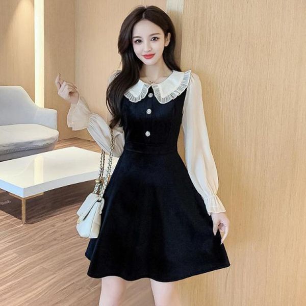 

casual dresses autumn winter velvet vintage black 2021 korean fashion women midi dress sets elegant bodycon party vestidos, Black;gray