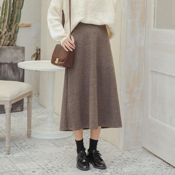 

skirts casual solid color high waist woolen skirt, Black