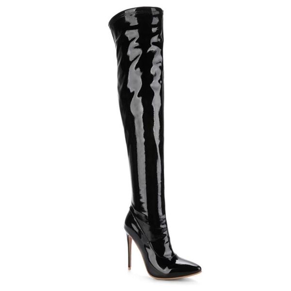 

boots 33-48 large shoes pointed 12cm high heel patent leather knee women's, Black
