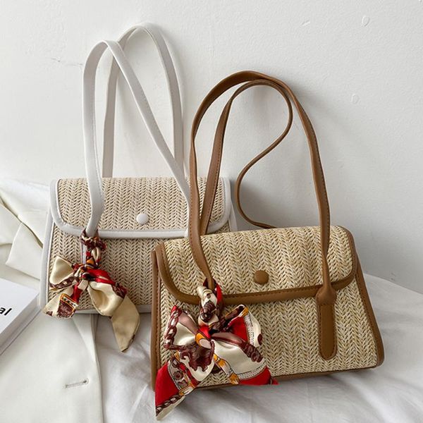 

evening bags women handmade woven handbags leather splicing lady summer beach rattan straw female shoulder travel tote with silk scarf