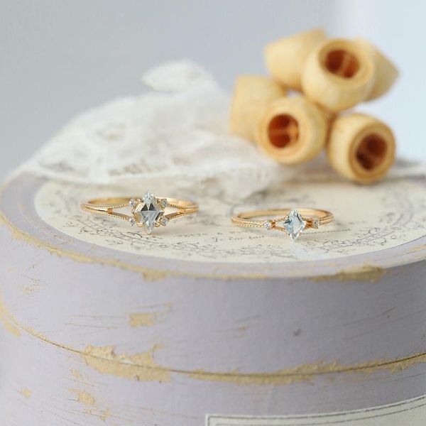 

cluster rings original design blue diamond-shaped faceted z opening adjustable ring geometry sparkle small charm ladies silver jewel, Golden;silver