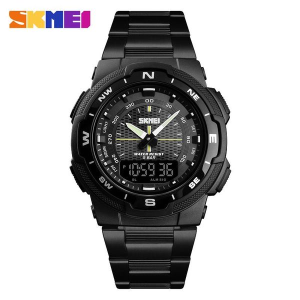 

stainless steel strap led digital sport chronograph military quartz watch men waterproof fashion wristwatches relogio, Slivery;brown