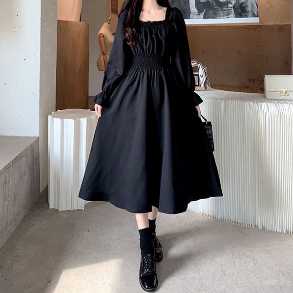 

qweek vintage black dress women french elegant square collar long sleeve midi dress autumn ladies retro clothes chic korean 220308, Black;gray