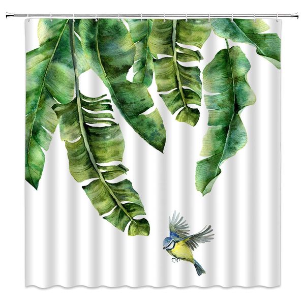 

sztnsm green leaves shower curtain tropical jungle plant watercolor palm leaves flying bird animal,70x70 inch polyester fabric