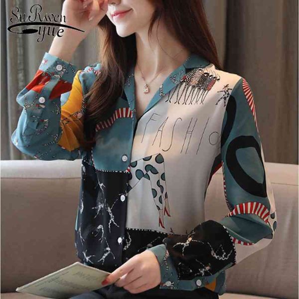 

korean style women fashion long sleeve chiffon shirt print ladies blusas mujer de moda autumn office 6098 50 210427, White