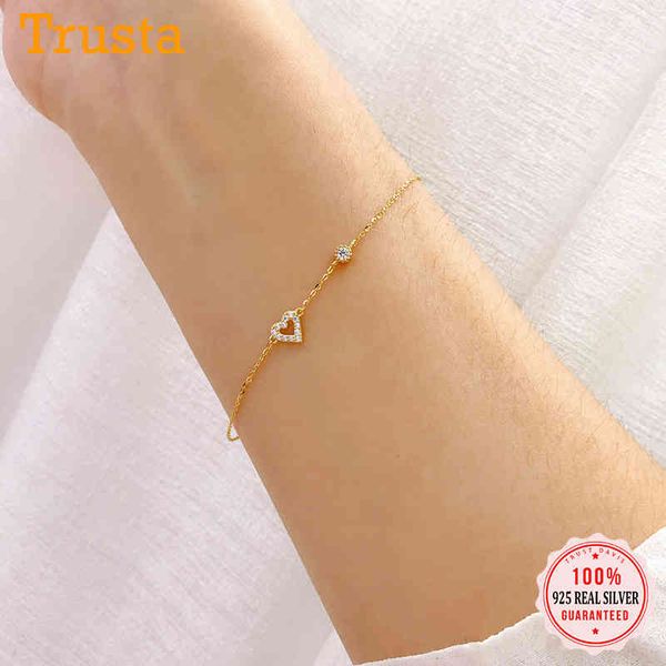 

trustdavis authentic 925 sterling silver fashion sweet romantic heart shiny cz bracelet for women wedding fine jewelry db1385, Golden;silver