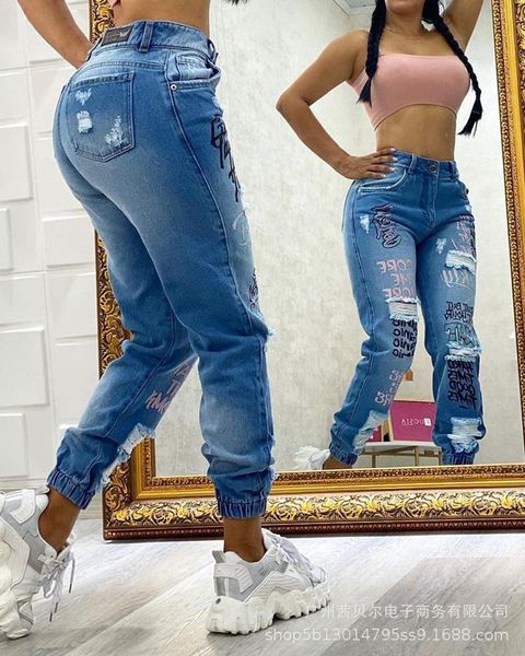 

women's leggings 2021 letter jeans blue, Black