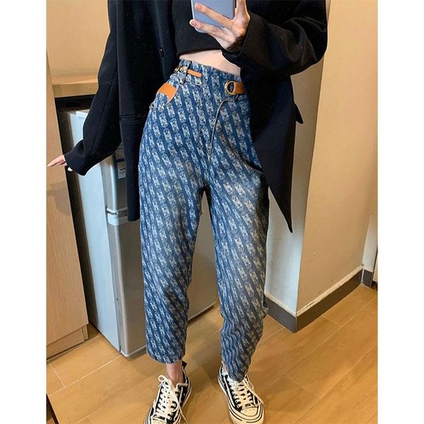

women's jeans 2021 spring autumn fashion women high waist slim casual ankle-length vintage print cotton denim harem pants v644, Blue