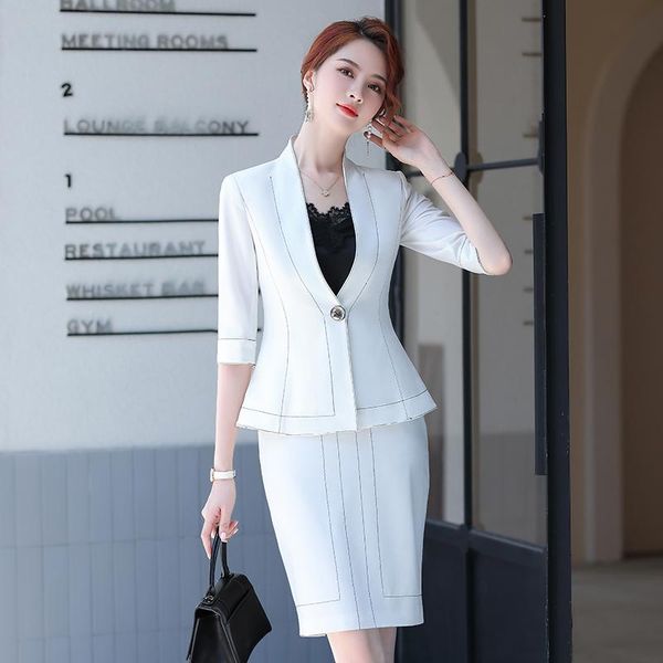 

two piece dress formal women business suits half sleeve spring summer office work wear career clothing set ladies professional blazers, White