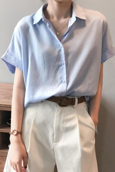 

women's blouses & shirts 2021 summer korean style blouse shirt for women fashion short sleeve neck casual office lady white