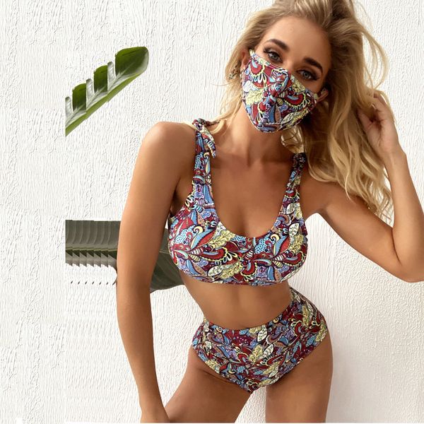 

2021 new fashion printing 3 pcs of bikini sets high waist bikini retro vintage swimsuit women swimwear biquiniby air