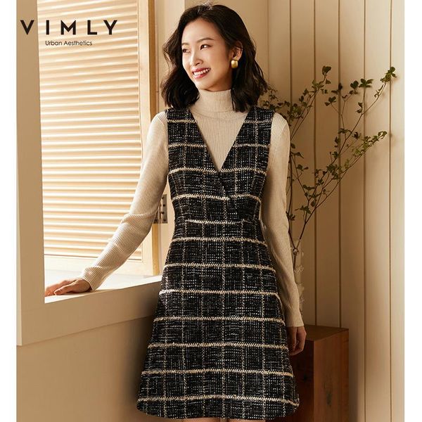 

casual dresses vimly autumn winter plaid vest dress for women fashion v neck sleeveless high waist zipper elegant ladies vestidos f3129, Black;gray