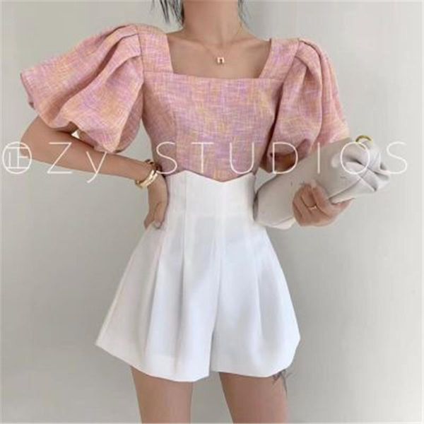 

women's blouses & shirts summer blouse for women sleeve square collar short solid color 2021 fashion cute korean style chic, White