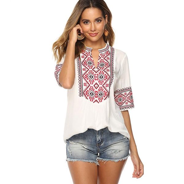 Camicette da donna Camicie Boho Camicetta con ricamo floreale Camicia in cotone Primavera messicana Oversize Plus Size Lace Tie Up 2xl 3XL Etnico 2021 Top