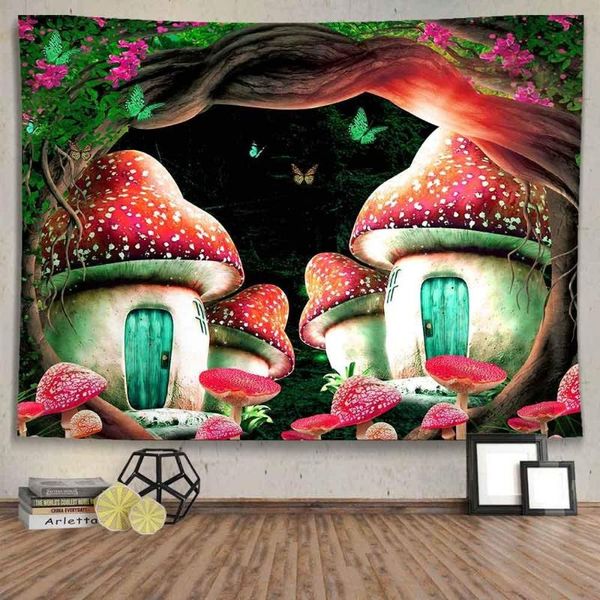 

tapestries magic mushroom house tapestry forest tree butterfly night sky jungle mysterious aesthetics wall hanging room dorm decor