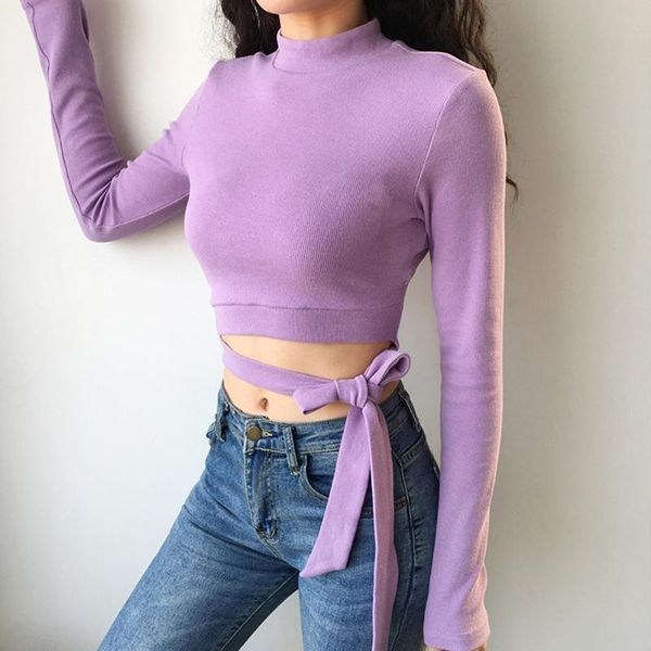 

women's t-shirt women cropped solid color bow round neck skinny crop long sleeve simple streetwear fashion, White