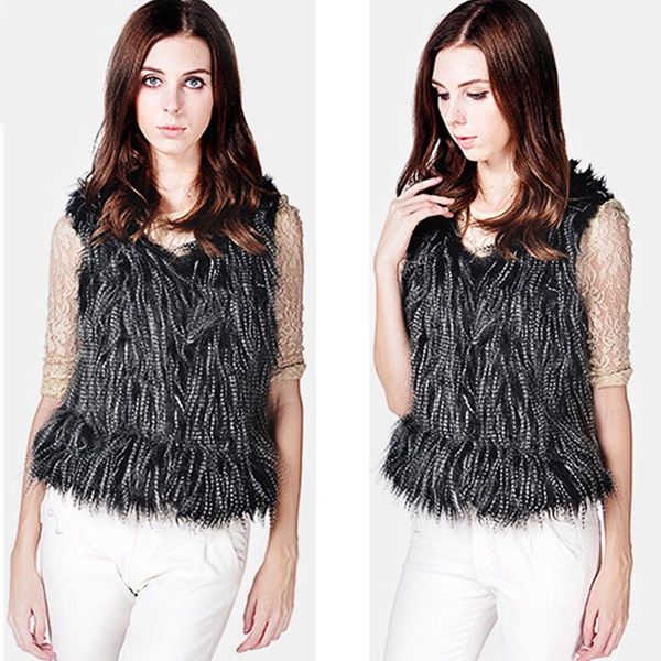 

women's trench coats europe and america women faux fur vest slim fit sleeveless lightweight mink cashmere coat, Tan;black