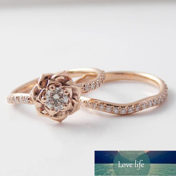 

huitan selling 2pc rose gold women ring set cute romantic plant flower shaped finger ring shiny cubic zircon stone ring set, Silver