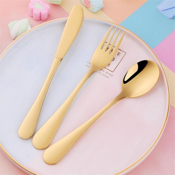 3 pçs / conjunto crianças coloridas de aço cutelaria cutelaria conjunto de mesa Kids Kids Metal Jantar Facas Forks Sopa Colher Conjuntos Comida Jantar Set 210317