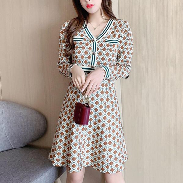

casual dresses french style plaid sweater dress women elegant autumn winter vintage ladies knitted party vestidos robe, Black;gray