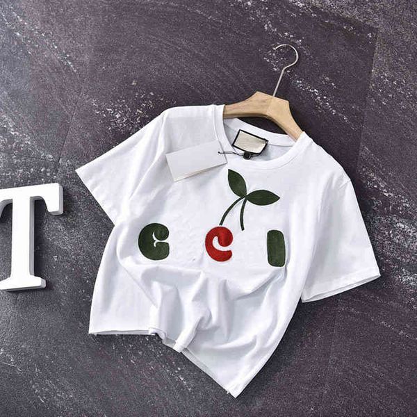 

2022 factory wholesale new g21 summer heavy industry embroidery cherry letter round neck short sleeve women's two color age reducing sw, White