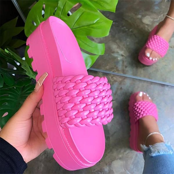 

summer women slippers sandals solid color open toe woven female heel thick outdoor beach ladies, Black