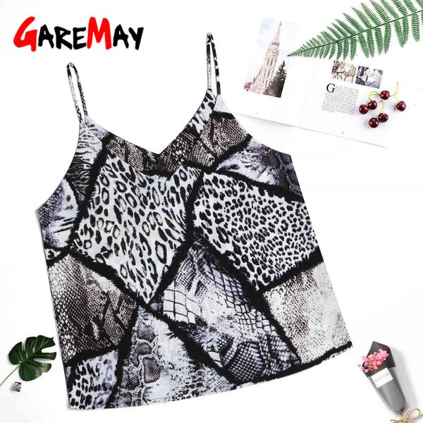 

snake skin print sleevless deep v neck halter tank s women summer plus size spaghetti strap leopard 210428, White