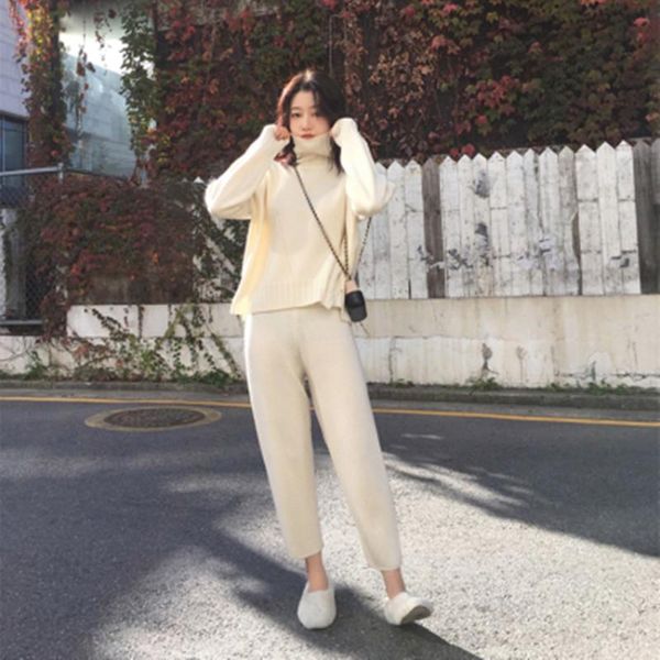 

women's two piece pants women winter casual thick sweater tracksuits turtleneck jumpers & elastic waist suit female knitted 2 pieces se, White