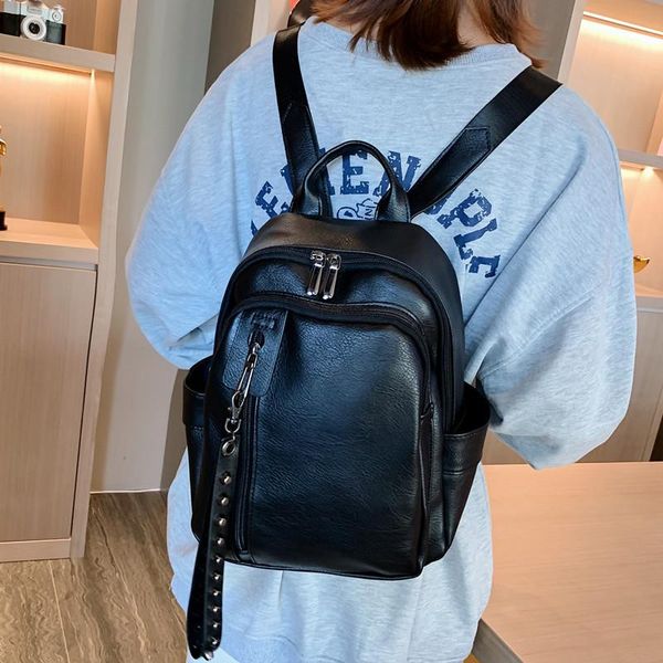 

outdoor bags pu leather women backpack 2021 luxury designer rivet travel bag fashion soft skin campus student school