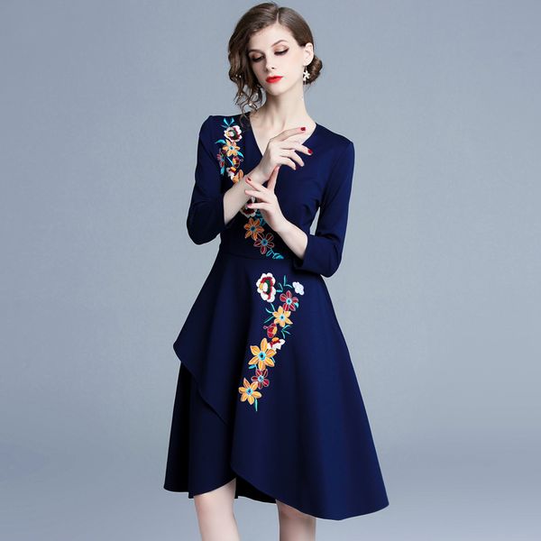 

women spring autumn designer elegant floral embroidery dress female cocktail party robe ladies vintage a-line dresses vestidos 210525, Black;gray
