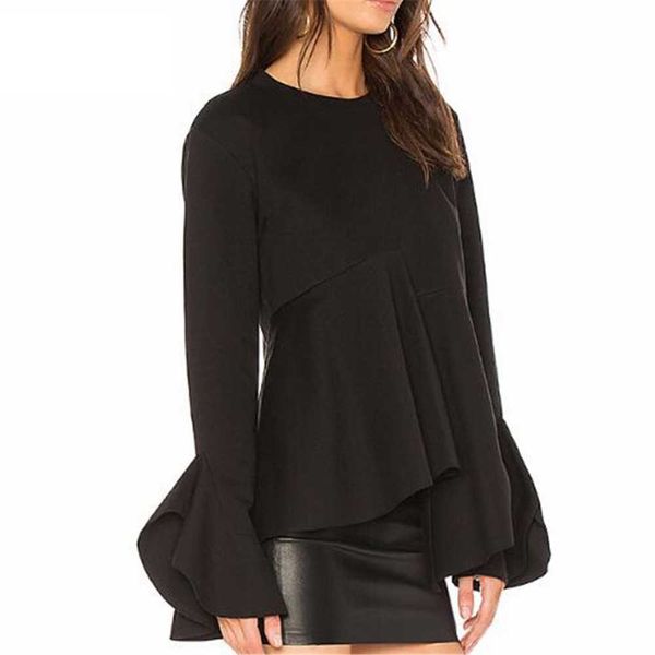 

clearance women blouse navy blue peplum shirts flare long sleeve o neck irregaular ruffled ladies female blusas 210527, White