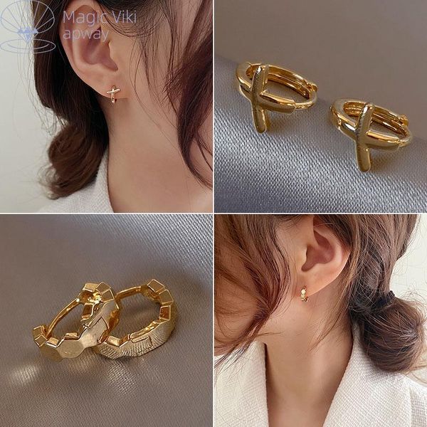 

hoop & huggie magicviki cross ear earrings 2021 trendy korean temperament net celebrity ins niche female, Golden;silver