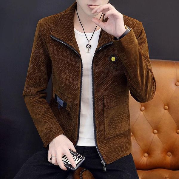 

men's jackets 2021 spring and autumn velveteen slim-fit jacket fashion casual youth pure color jacquard lapel large size, Black;brown