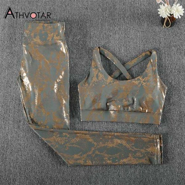 ATHVOTAR Set da due pezzi Donna Serpentine Snake Top e pantaloni Leggings stampati Fitness Tute a vita alta Tute 211105