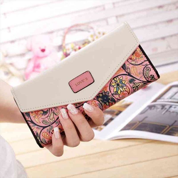 

fashion envelope women wallet hit color 3fold flowers printing pu leather long ladies clutch coin phone purse, Red;black