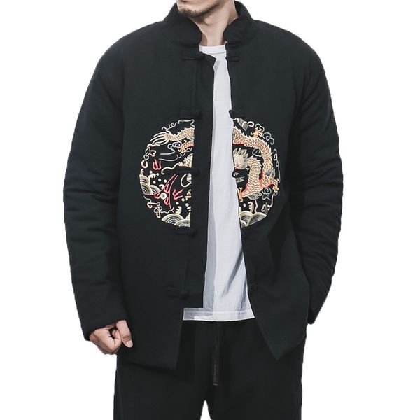 

men's leather & faux thicken black traditional chinese style casual winter jacket mens jackets and coats dragon embroidery clothin