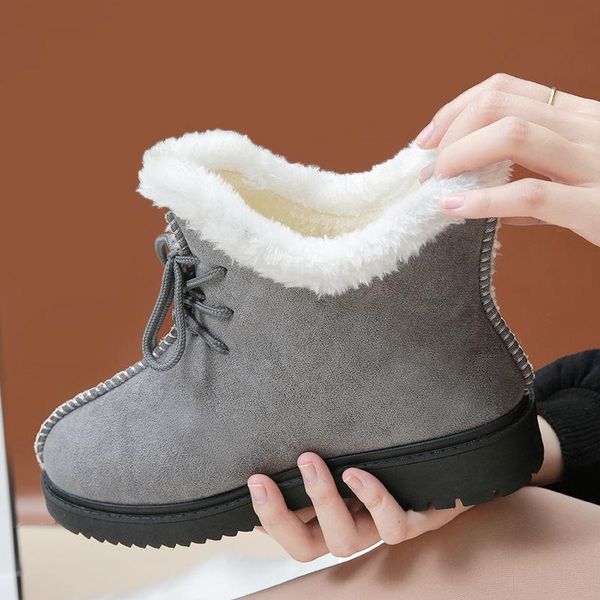 

boots 2021 women winter snow warm flat plus size platform lace up ladies women's shoes flock suede ankle female, Black