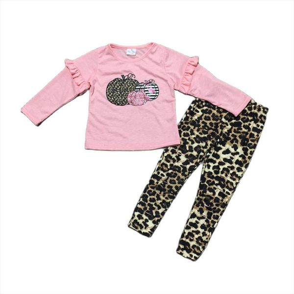 

fall winter girls pumpkin print pink with leopard pants kids halloween set, White
