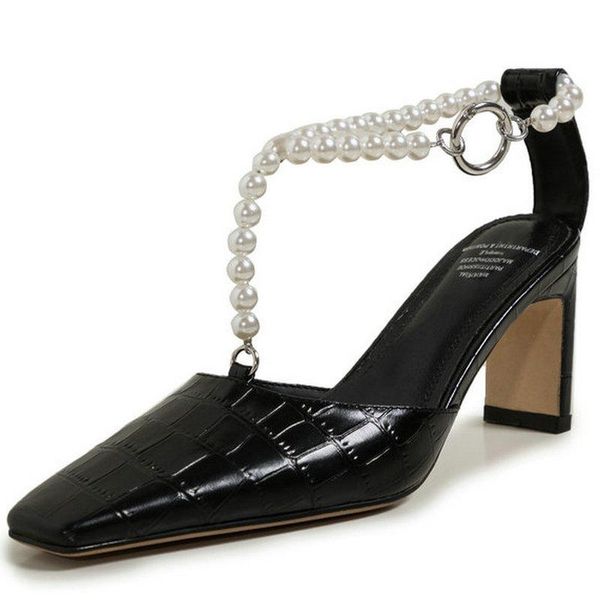 

sandals high heels shoes for women genuine leather pearl decoration pumps 2021 fashion est night club woman, Black
