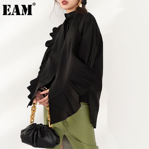 

[eam] women ruffles irregular big size blouse stand collar long sleeve loose fit shirt fashion spring autumn jr83901s 21512, White