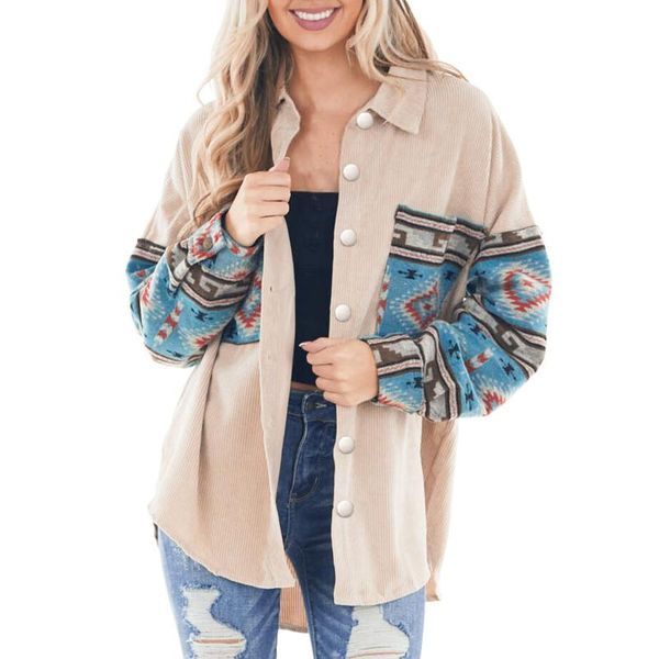 

women's jackets boho vintage shirts coat womens aztec print shacket lapel jacket autumn winter long sleeve button loose, Black;brown