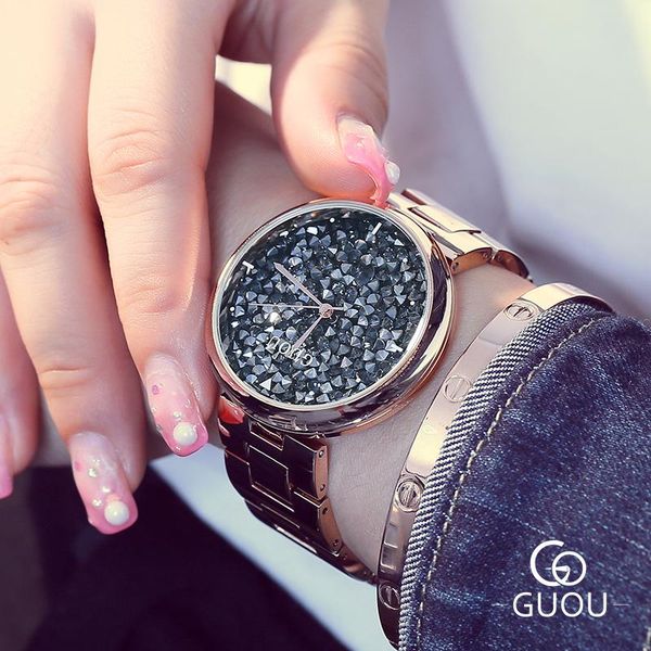 

wristwatches guou luxury diamond quartz women wrist watches stainless steel bracelet golden ladies watch waterproof black white female clock, Slivery;brown