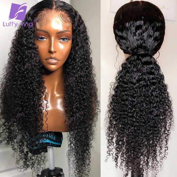 

lace wigs loose curly 13x6 front wig brazilian remy human hair hd transparent glueless 200 density for black women luffy, Black;brown