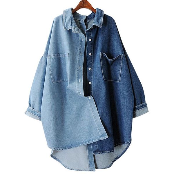 

women's blouses & shirts womens oversized long denim shirt spring single-breasted patchwork cowboy blouse sleeve loose jean plus size, White