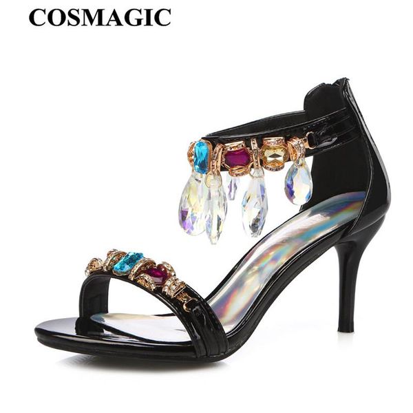 

fashion rhinestone high heel sandals 2021 summer women party wedding black genuine leather thin plus size