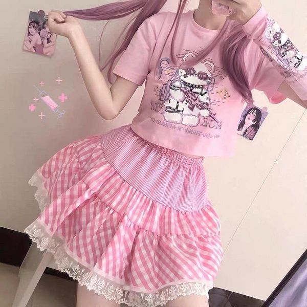 

sweet cute pink harajuku y2k womens skirt korean lace trim plaid tutu summer japanese preppy style high waist, Black