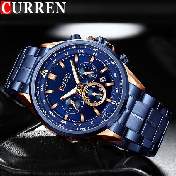 

wristwatches curren man wristwatch waterproof chronograph men watch military blue stainless steel sport male clock 8399, Slivery;brown