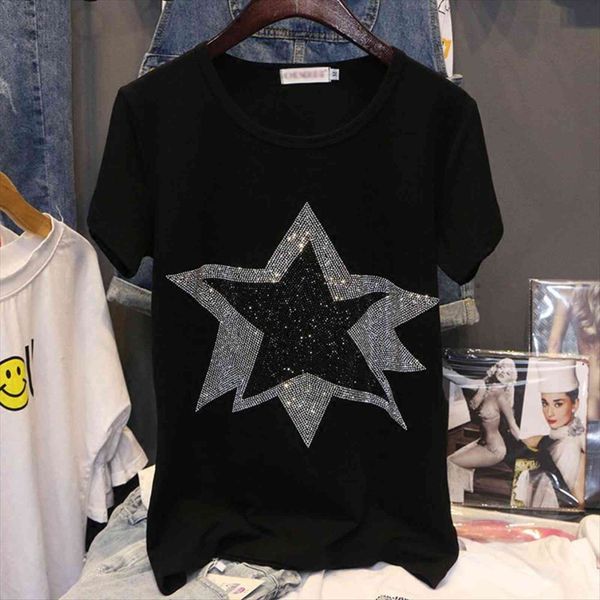 

summer cotton short sleeve black women all match leisure pullovers stars pattern diamonds clothes for, White