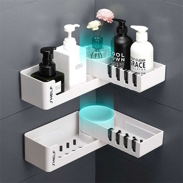Badezimmer -Ecke Duschregal mit 4 Hakenwand für Shampoo organisieren rotatable selbstklebende Küchenlager 211112